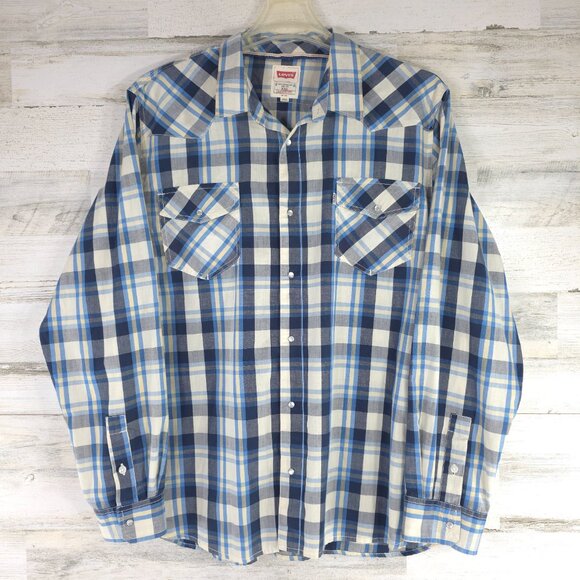 LEVI'S MEN'S PLUS SIZE XXL 2XL BLUE PLAID LONG SLEEVE SHIRT SNAP PEARL BUTTONS.. - Picture 1 of 16